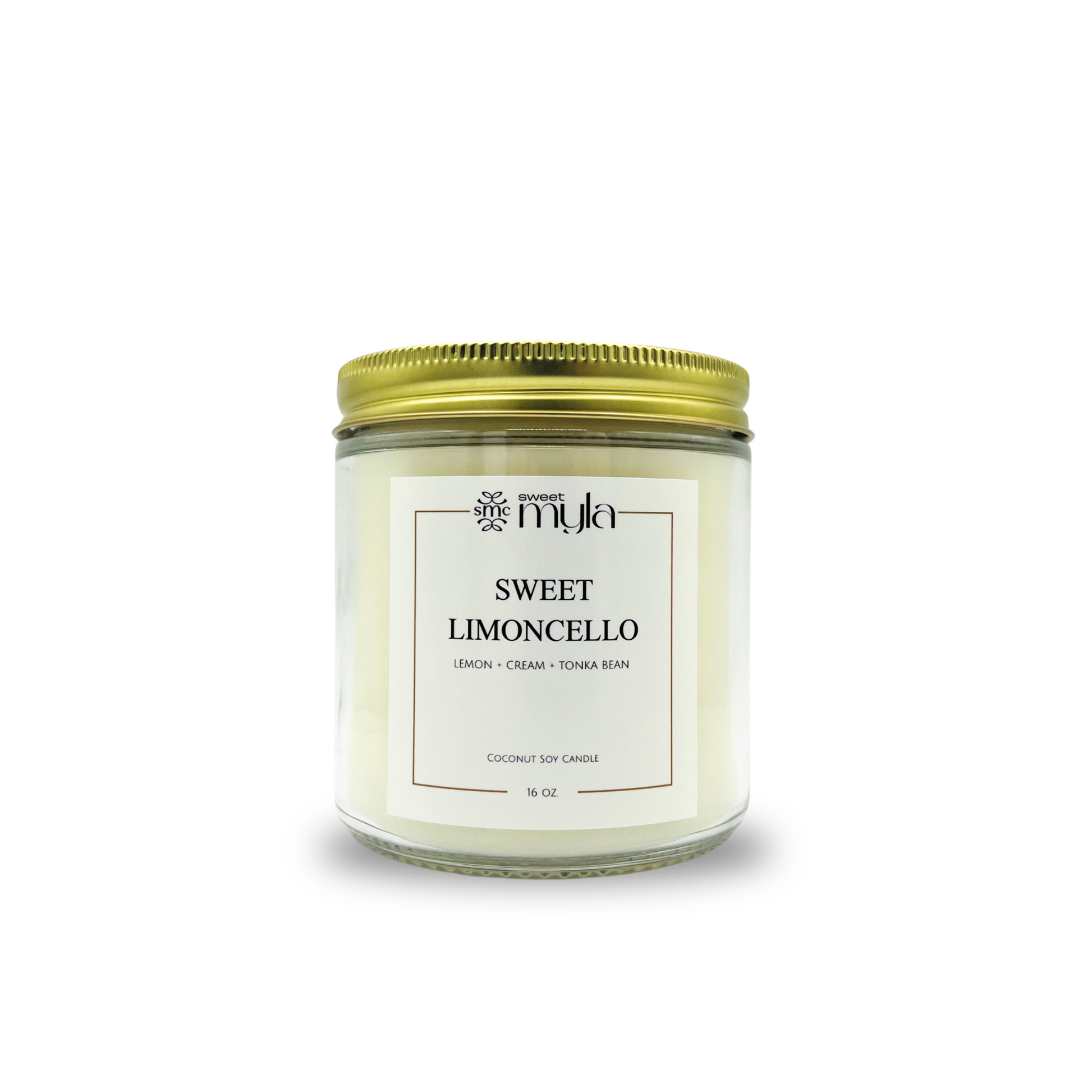 Candle jar labeled 'Sweet Limoncello' with a gold lid on a white background