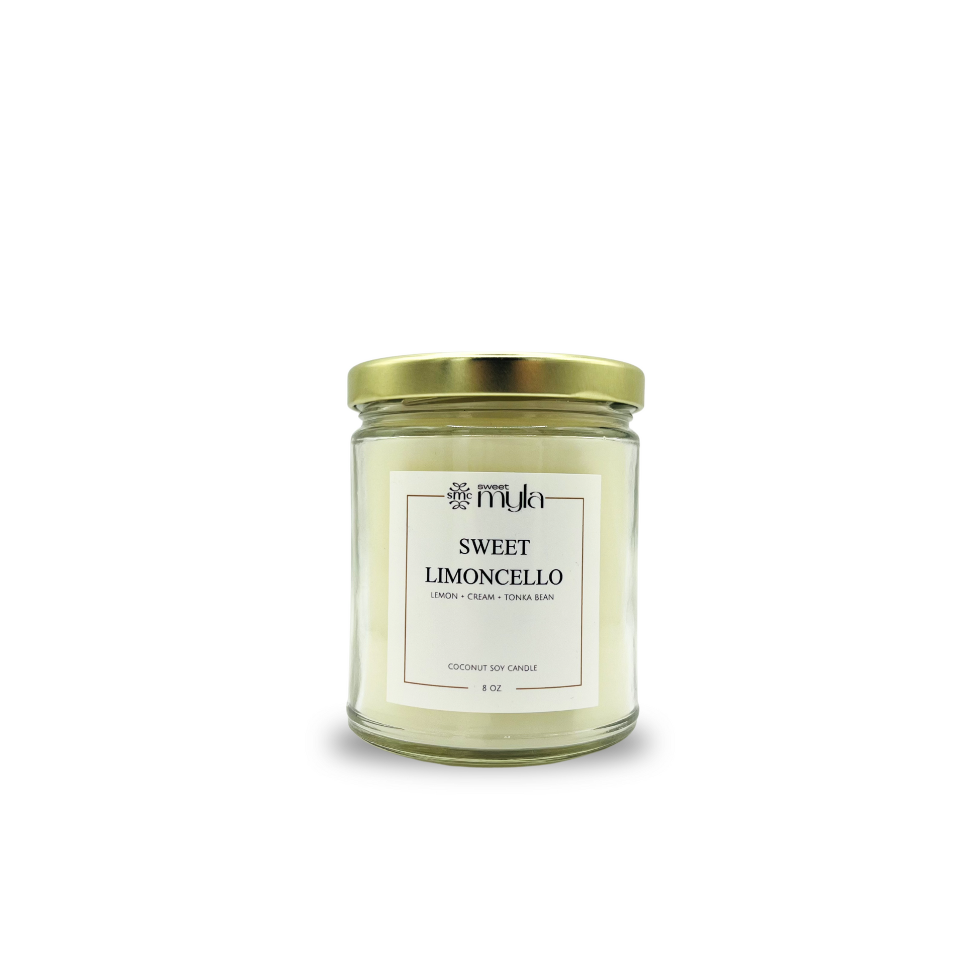 Candle jar labeled 'Sweet Limoncello' with a gold lid on a white background