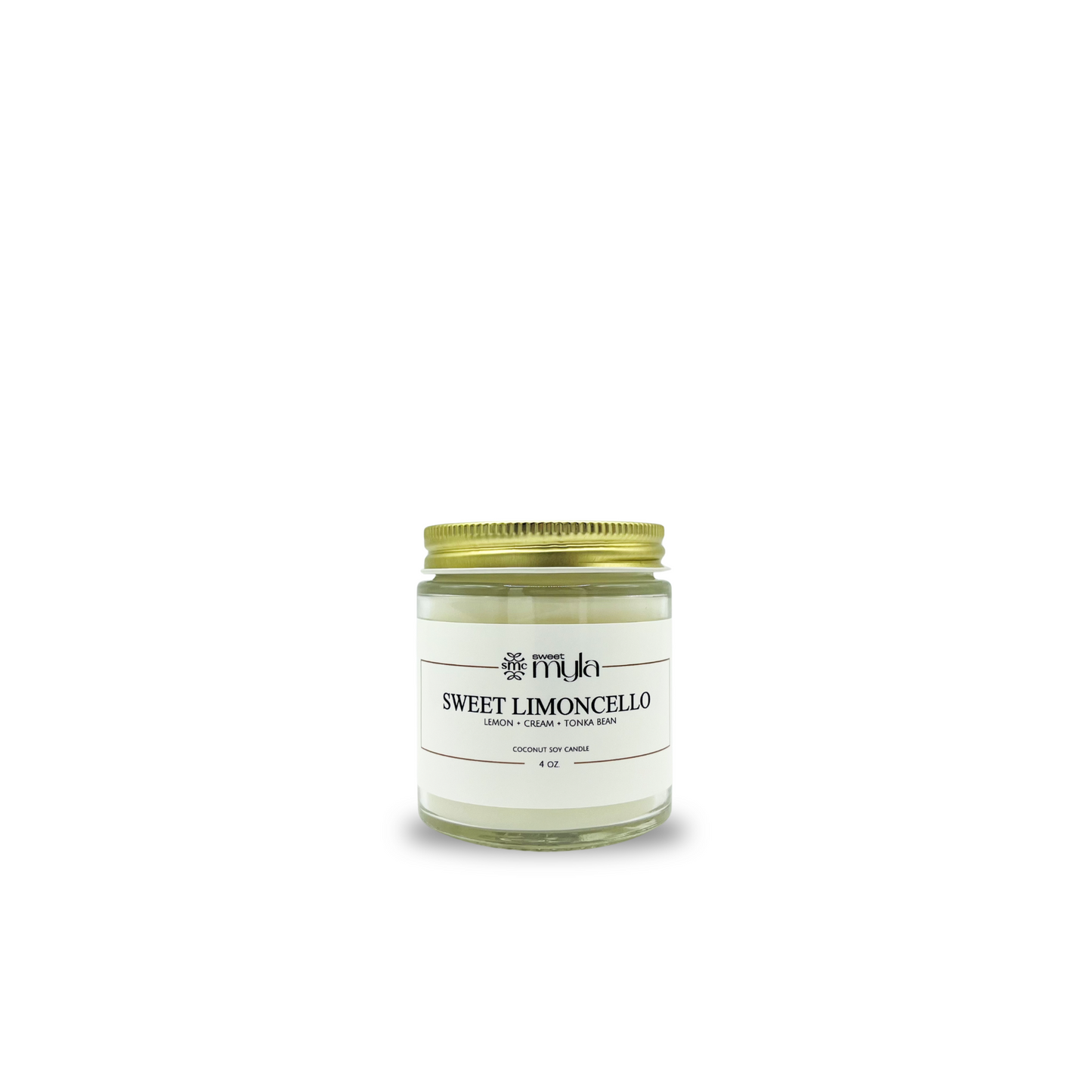 Candle jar labeled 'Sweet Limoncello' with a gold lid on a white background