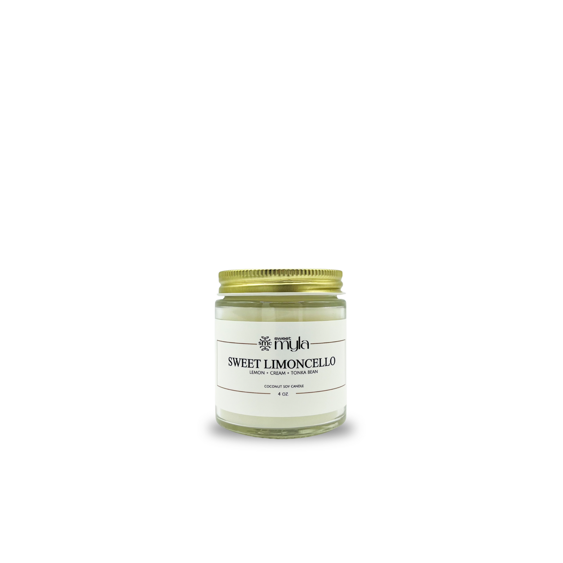 Candle jar labeled 'Sweet Limoncello' with a gold lid on a white background