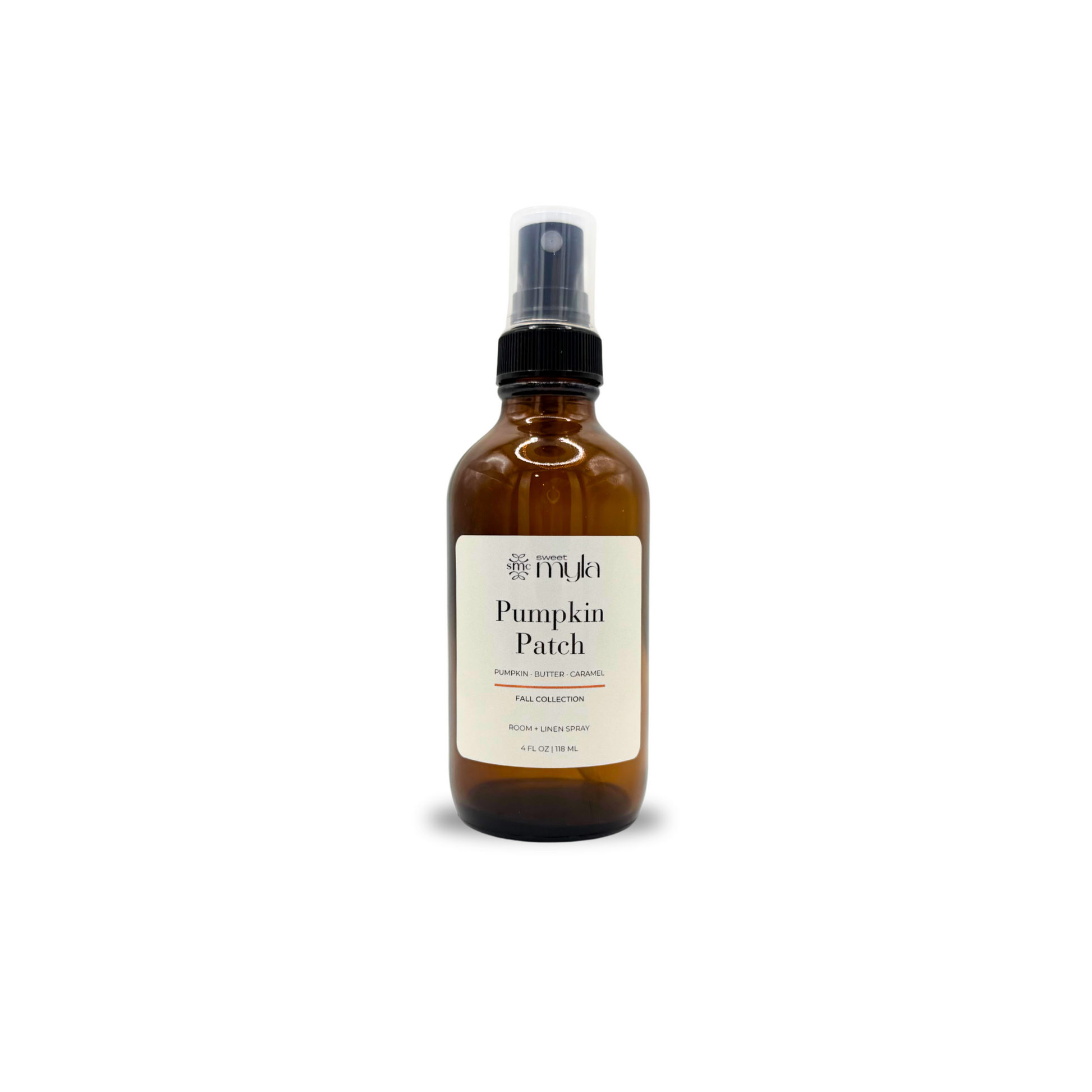 Room Spray in amber bottle with cream label that says Pumpkin Patch by Sweet Myla. 