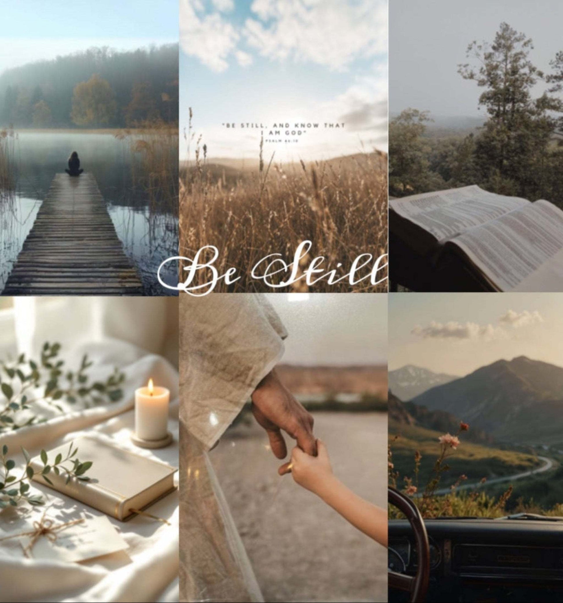 Collage of scenic images of stillness with 'Be Still' text overlay