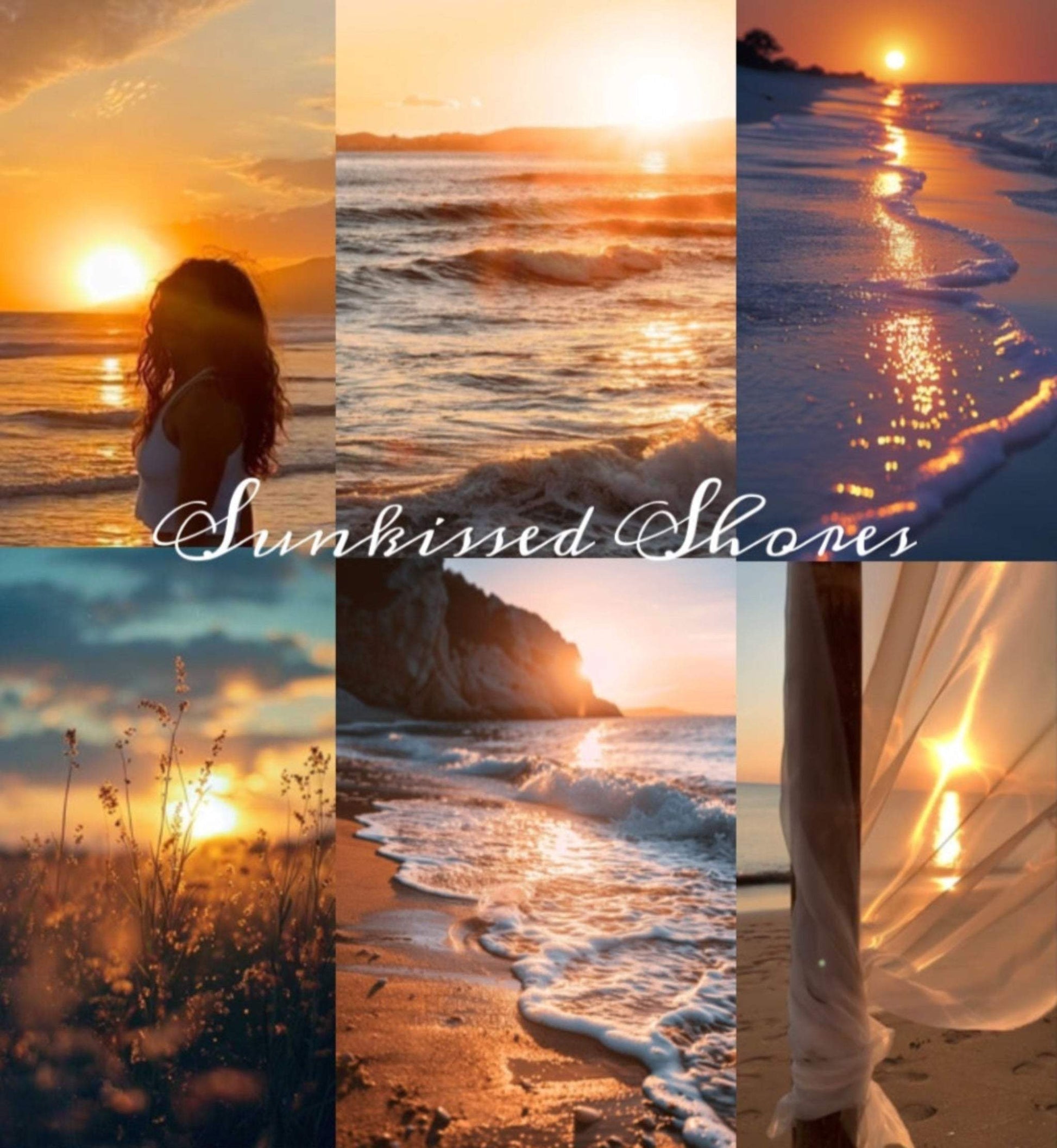 Collage of sunkissed shores scenes with a person, beach, and sun.