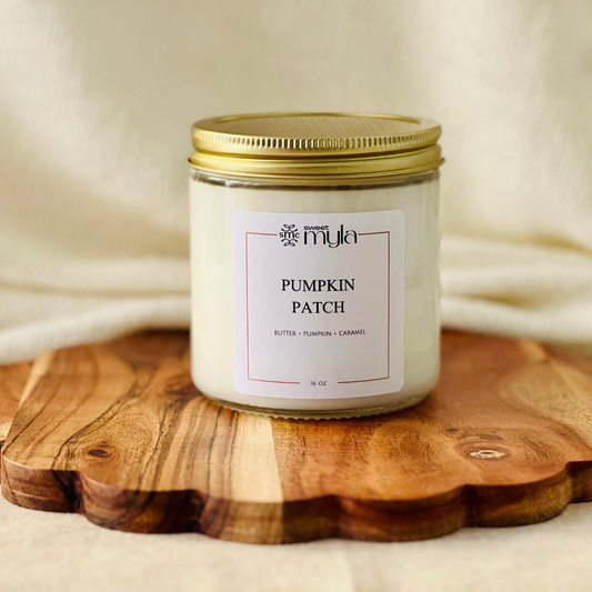 16oz. Candle labeled 'Pumpkin Patch'