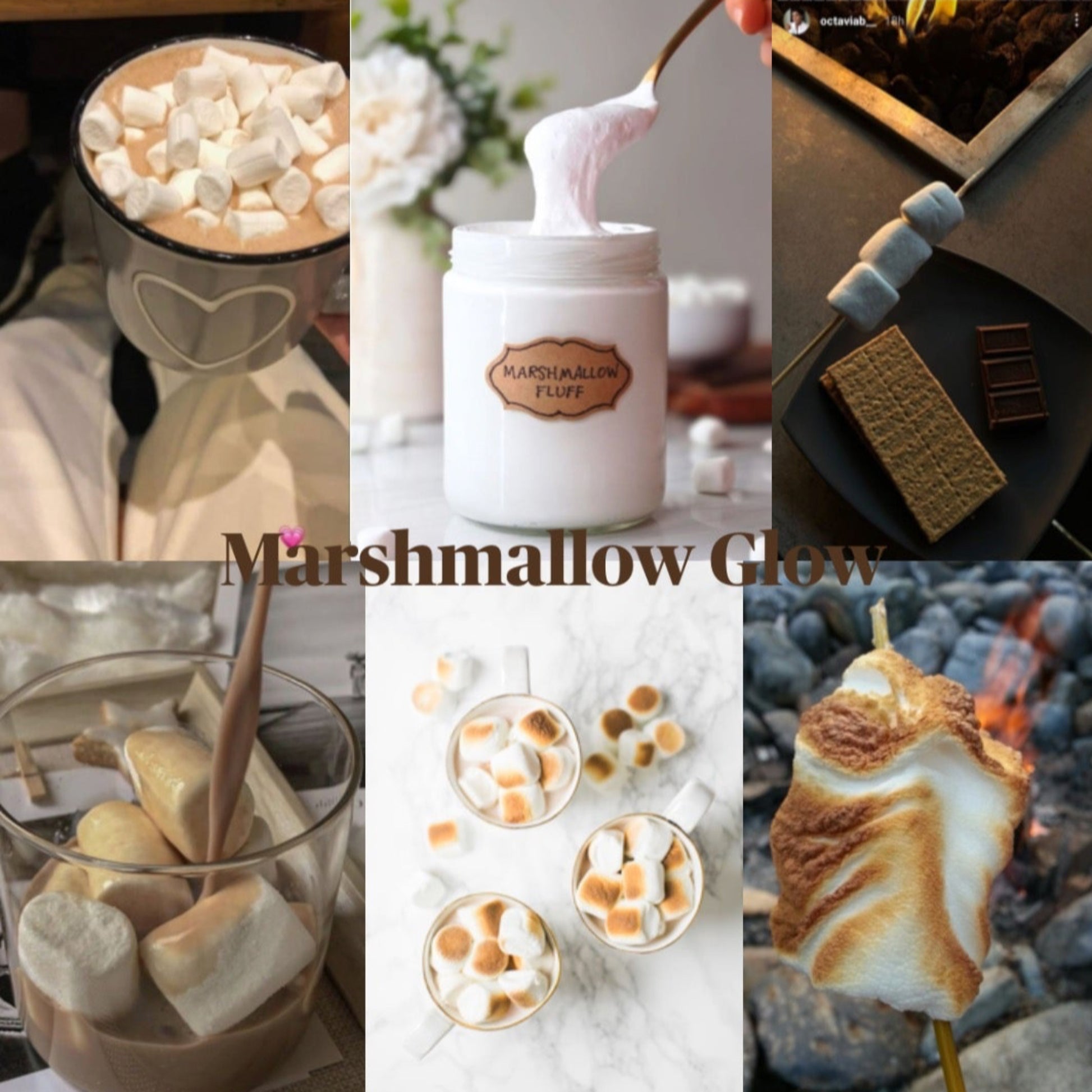 Collage of images featuring marshmallows and hot chocolate with the text 'Marshmallow Glow'.