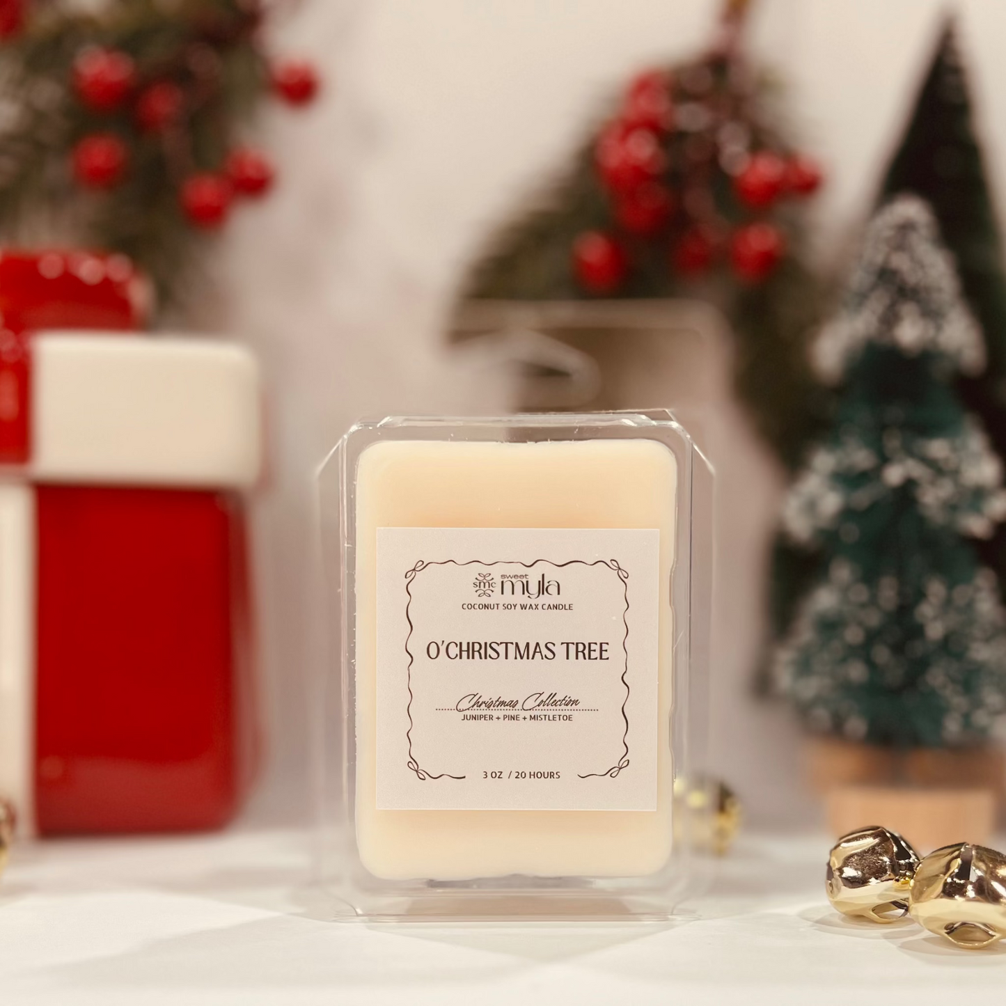 Christmas-themed wax melt labels O'Christmas Tree with a decorative background