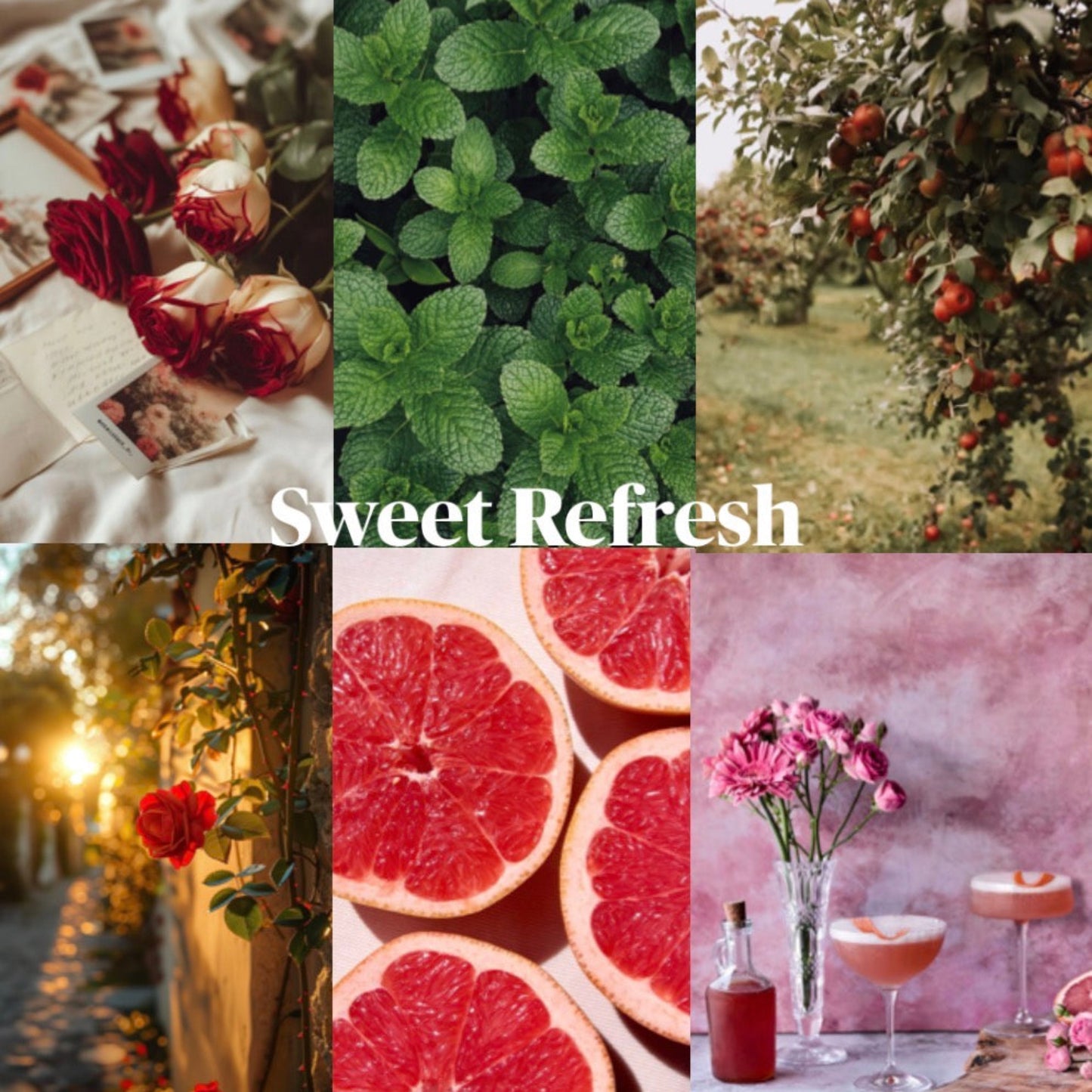 Collage of images with 'Sweet Refresh' text, including roses, grapefruit, greenery, and drinks.
