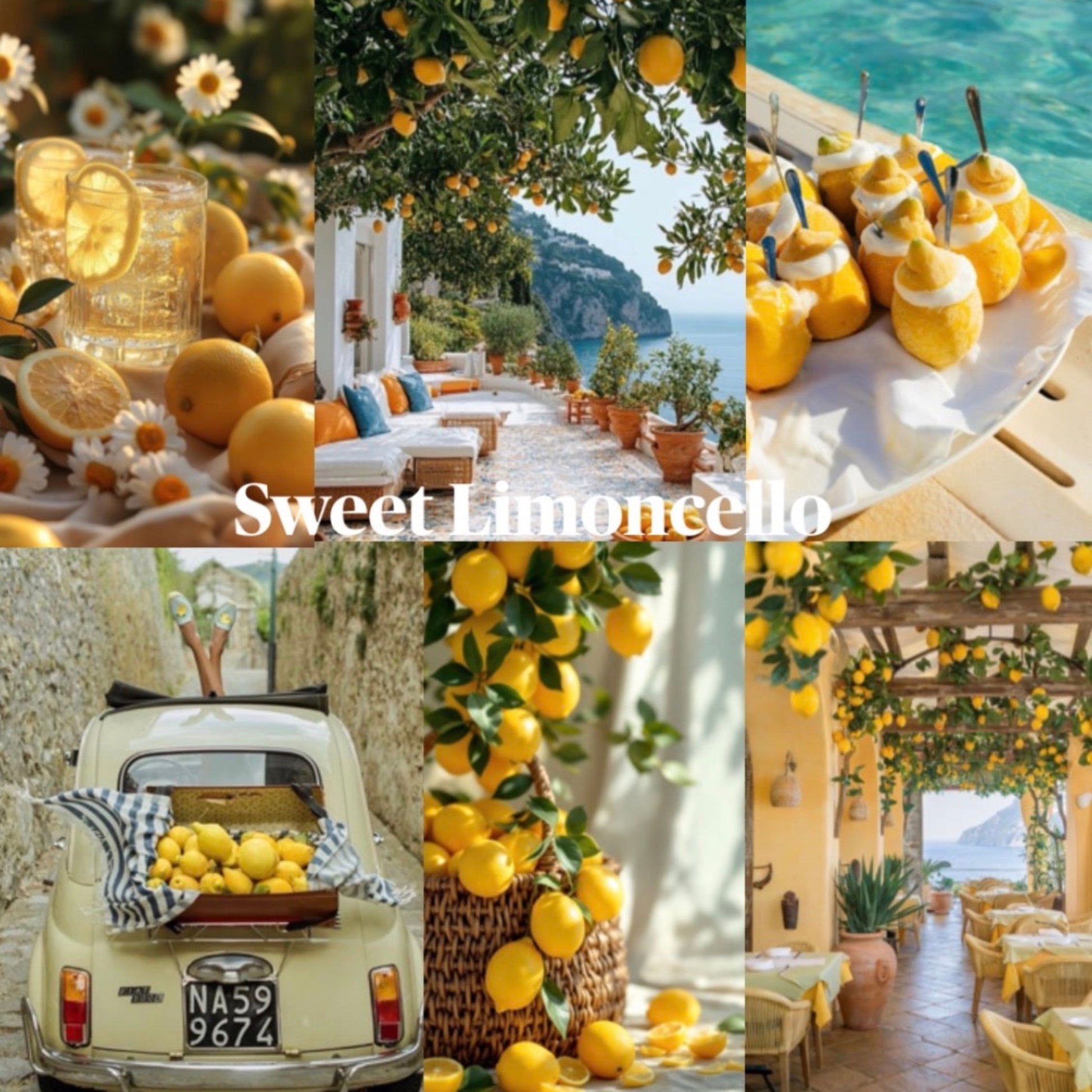 Collage of images featuring lemons and a scenic view with 'Sweet Limoncello' text.