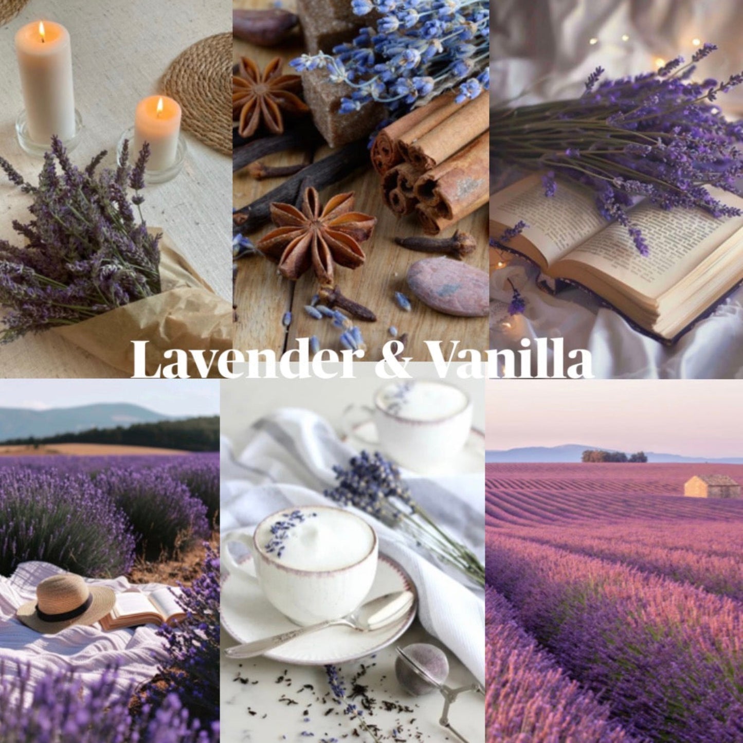 Collage of lavender-themed images with text 'Lavender & Vanilla'.