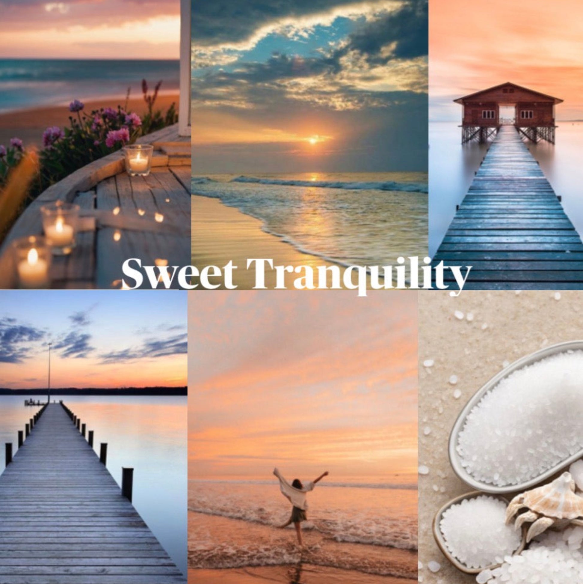 Collage of serene beach scenes with 'Sweet Tranquility' text overlay.