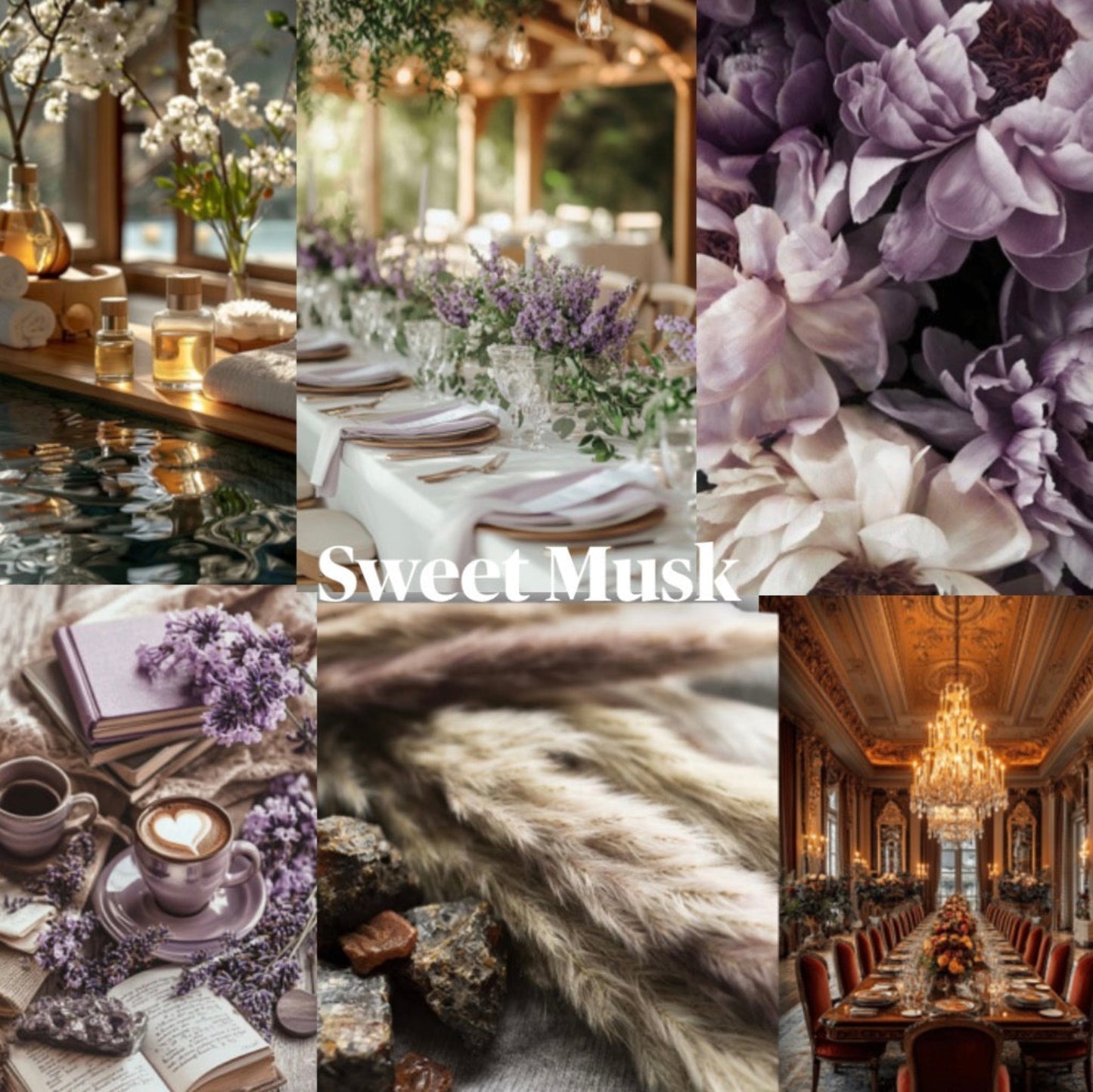Collage of images with floral elements and 'Sweet Musk' branding.