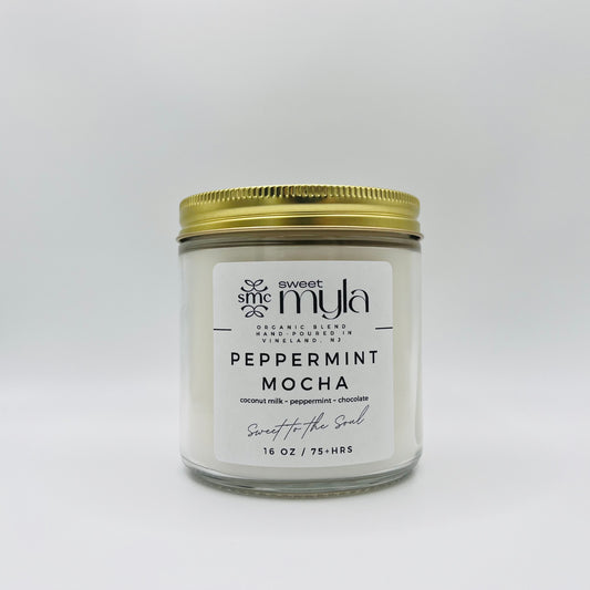 A candle with the label that says Peppermint Mocha