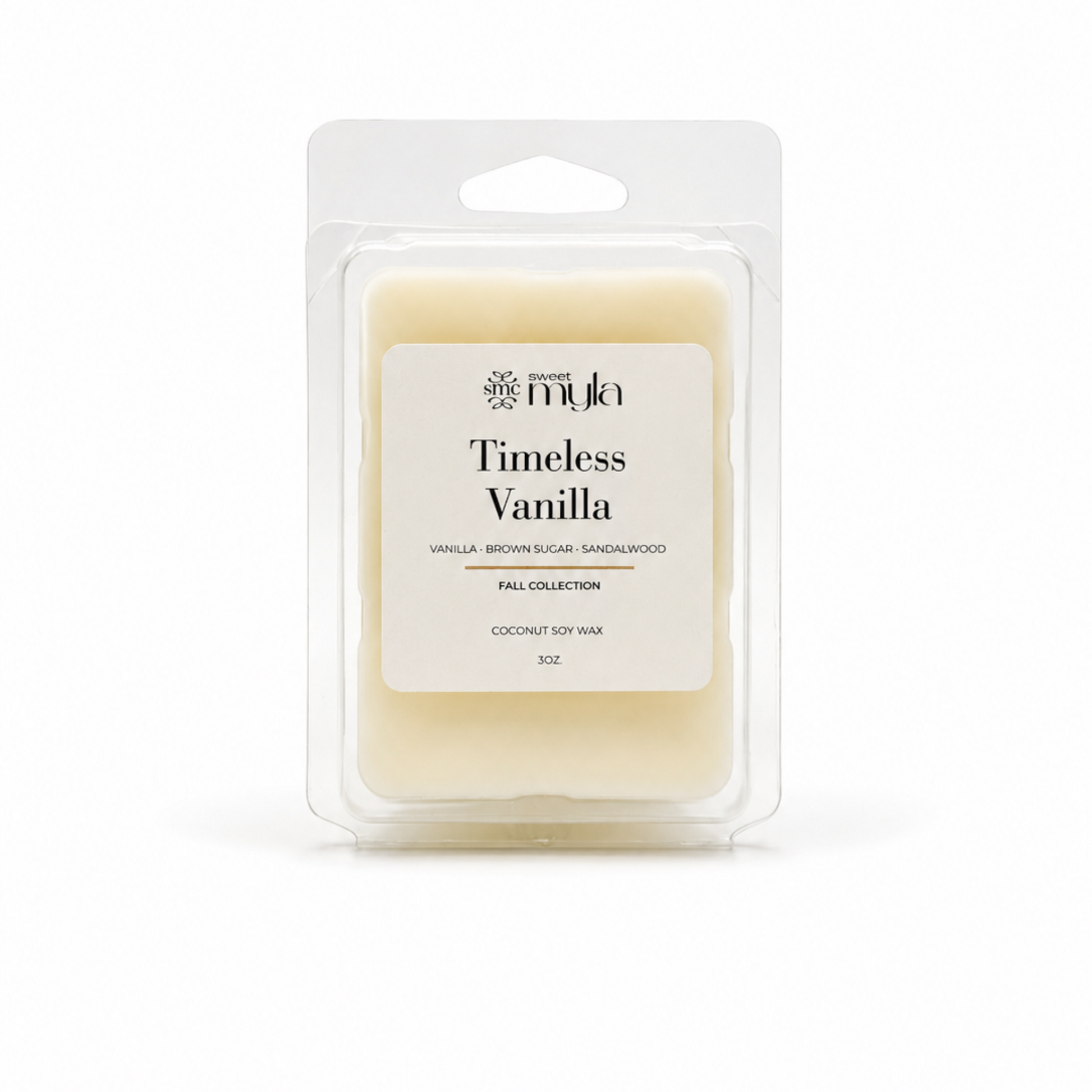 A packaged wax melt in a clear plastic clamshell package with a white label reading 'Timeless Vanilla' by Sweet Myla. 