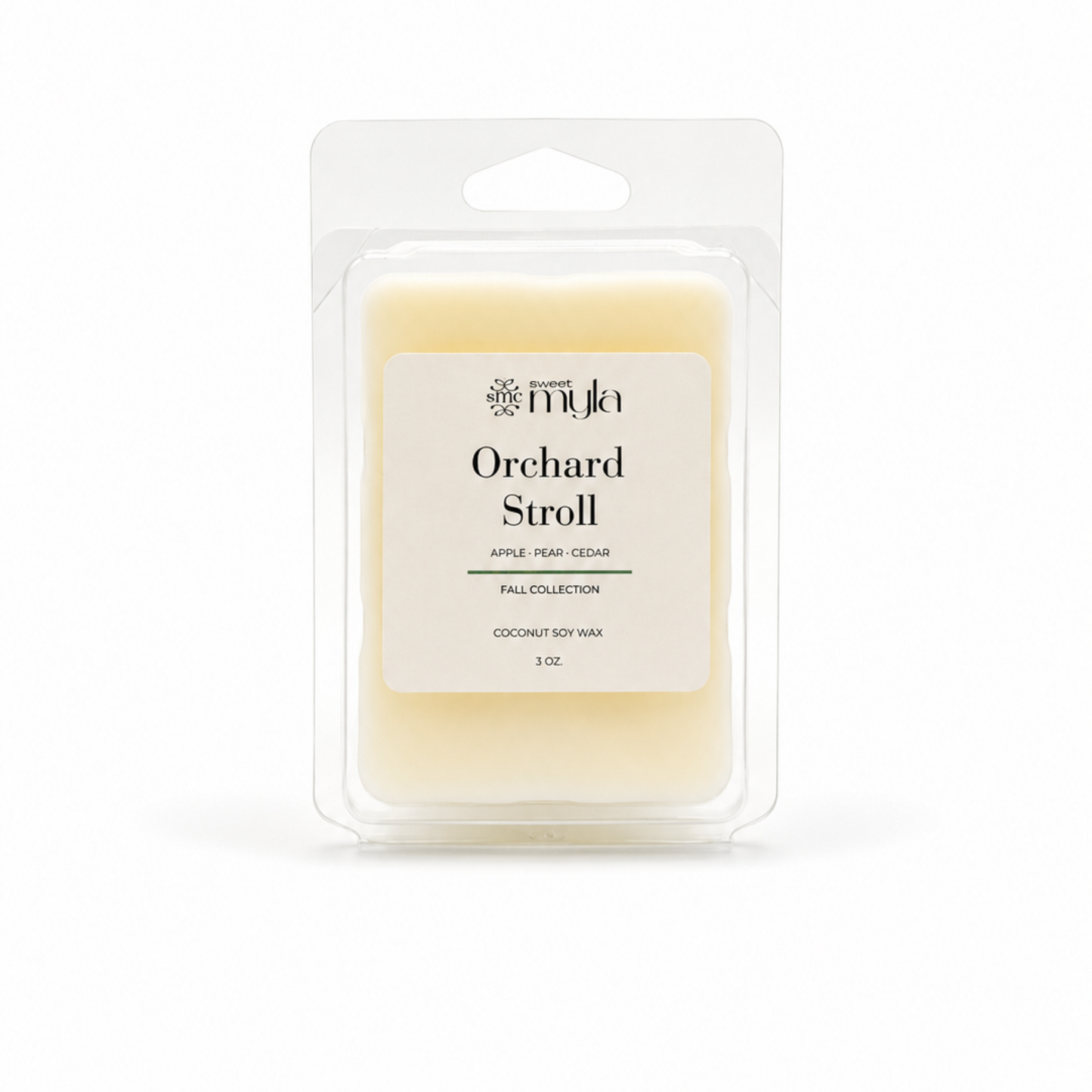 Wax melt in clamp shell with a cream label the says Orchard Stroll by Sweet Myla. 