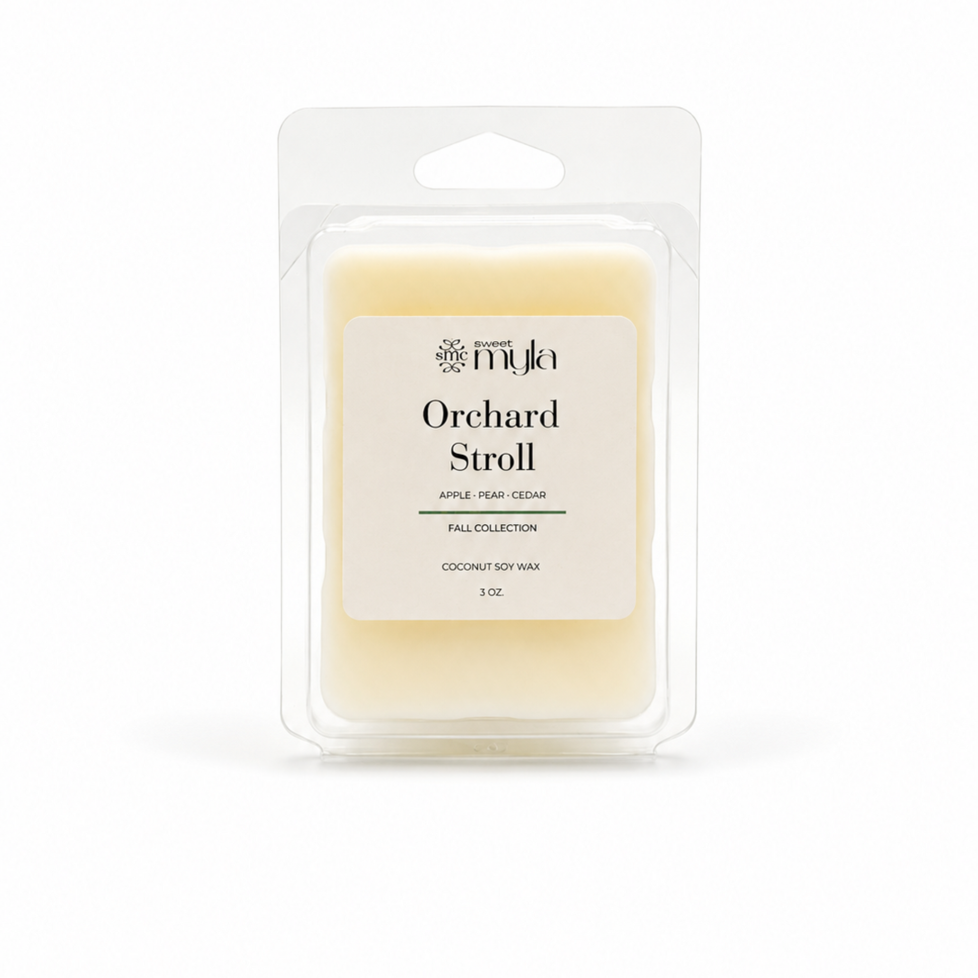 Wax melt in clamp shell with a cream label the says Orchard Stroll by Sweet Myla. 