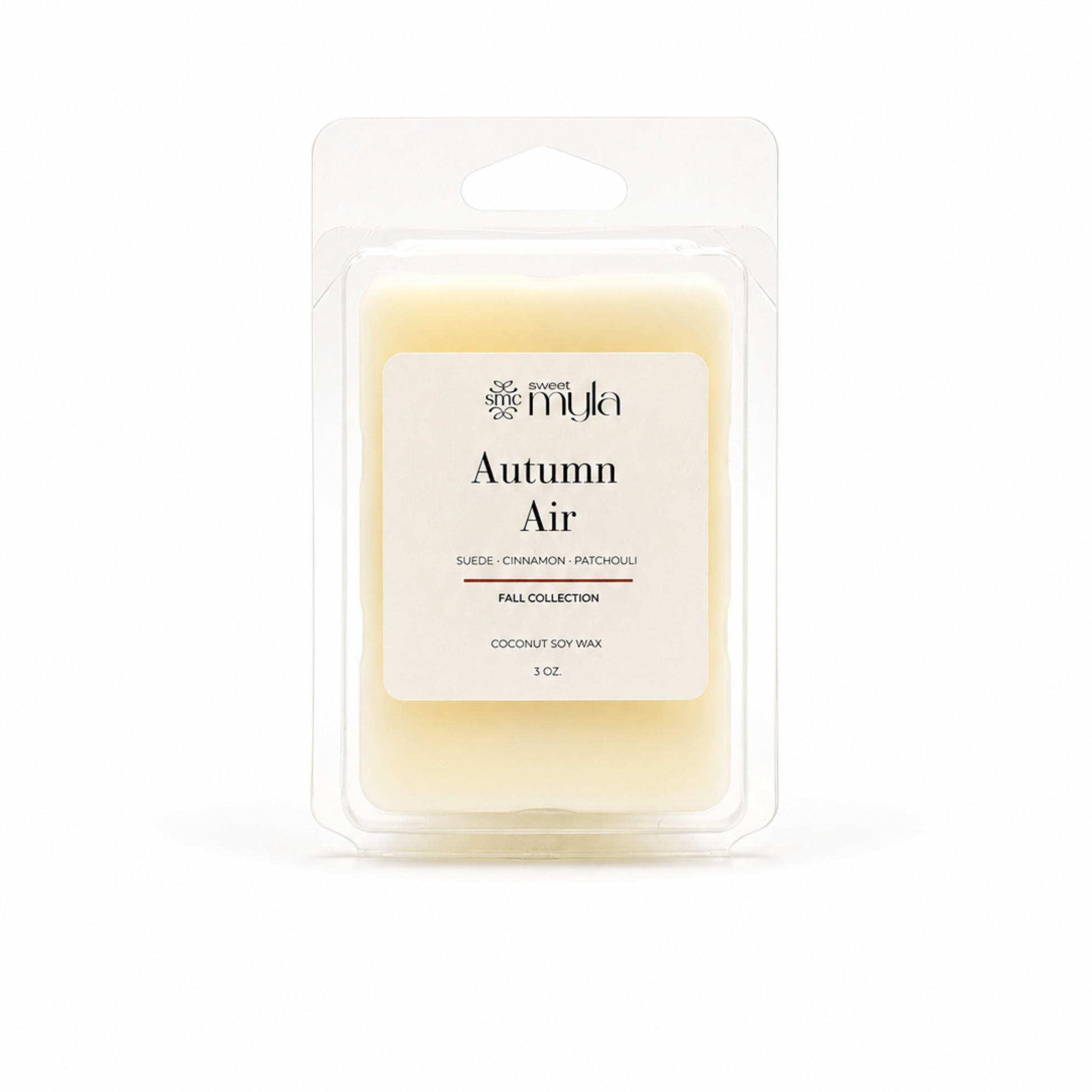 A packaged wax melt in a clear clamshell package with a white label reading 'Autumn Air' on a plain white background by Sweet Myla. 