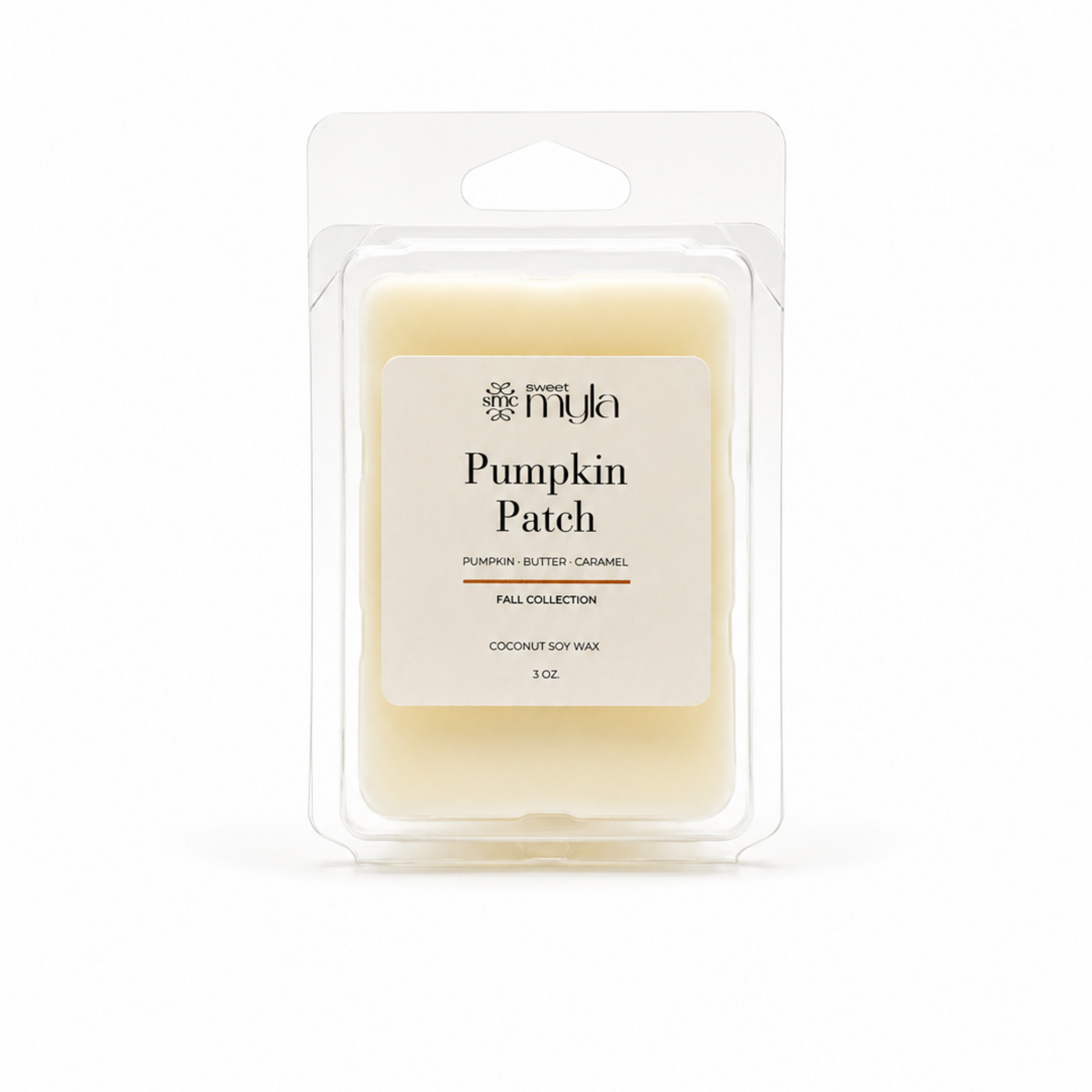 A packaged wax melt in a clear clamshell package with a white label reading 'Pumpkin Patch' on a clean white background by Sweet Myla. 