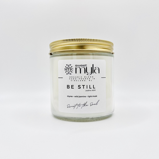 Be Still Candle with scents of thyme, wild jasmine, light musk
