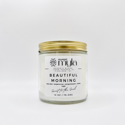 Beautiful Morning Candle with scents of aujou pear, bergamot tea, orange blossom, vanilla, sugar