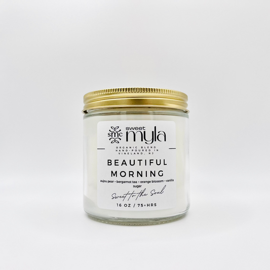 Beautiful Morning Candle with scents of aujou pear, bergamot tea, orange blossom, vanilla, sugar