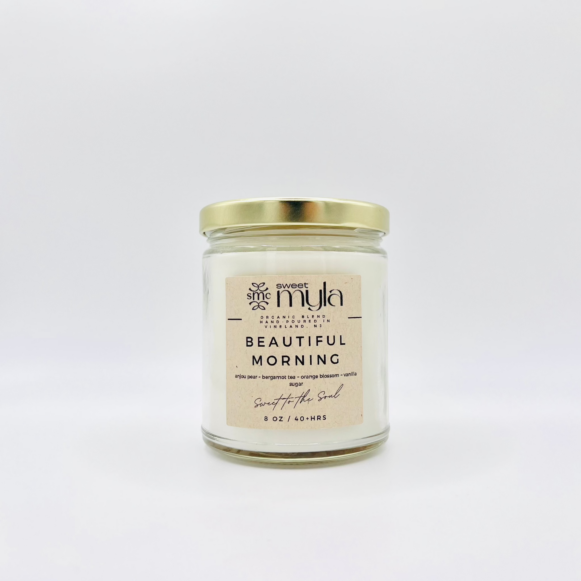 Beautiful Morning Candle with scents of aujou pear, bergamot tea, orange blossom, vanilla, sugar