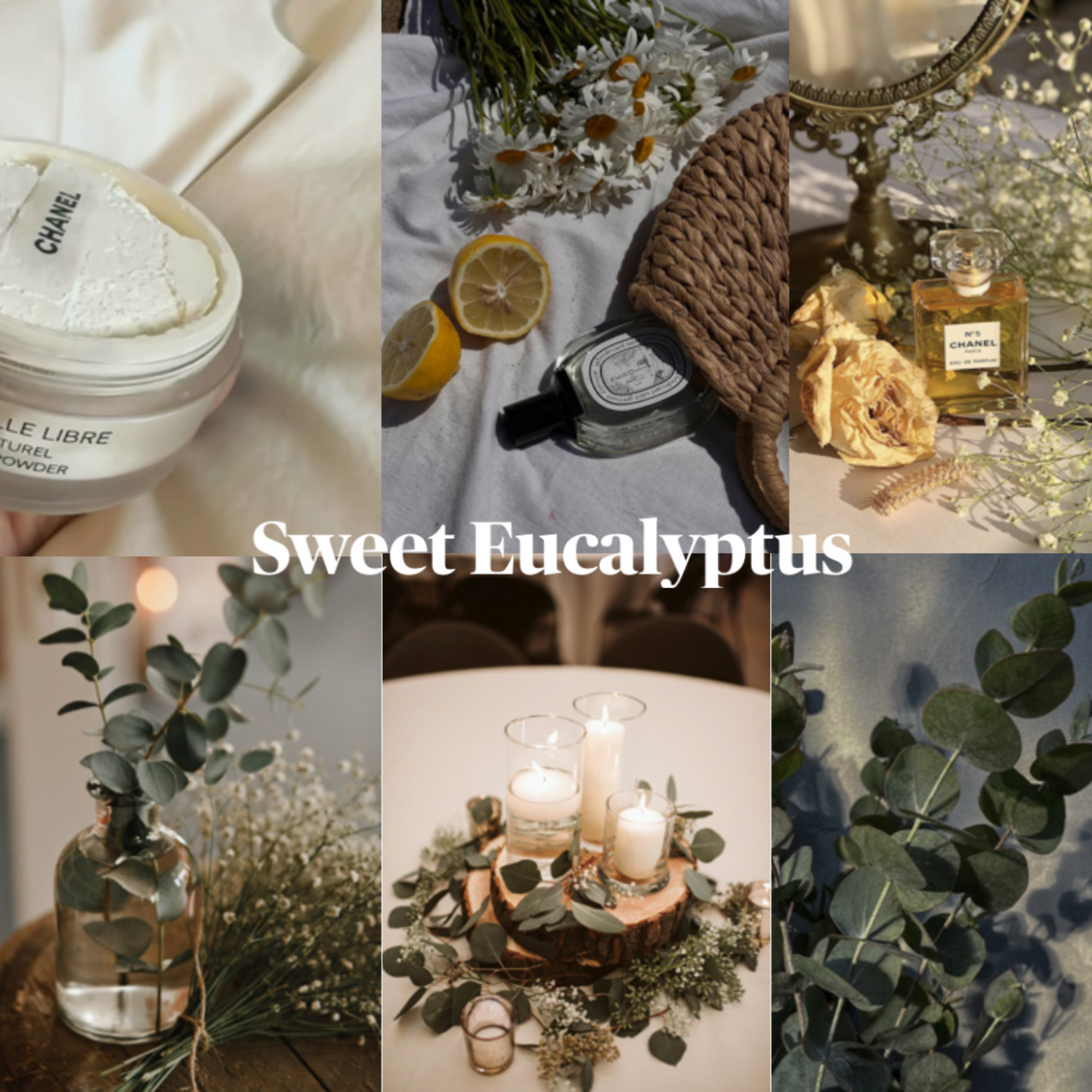 Collage of images featuring eucalyptus, candles, and decorative items with 'Sweet Eucalyptus' text.