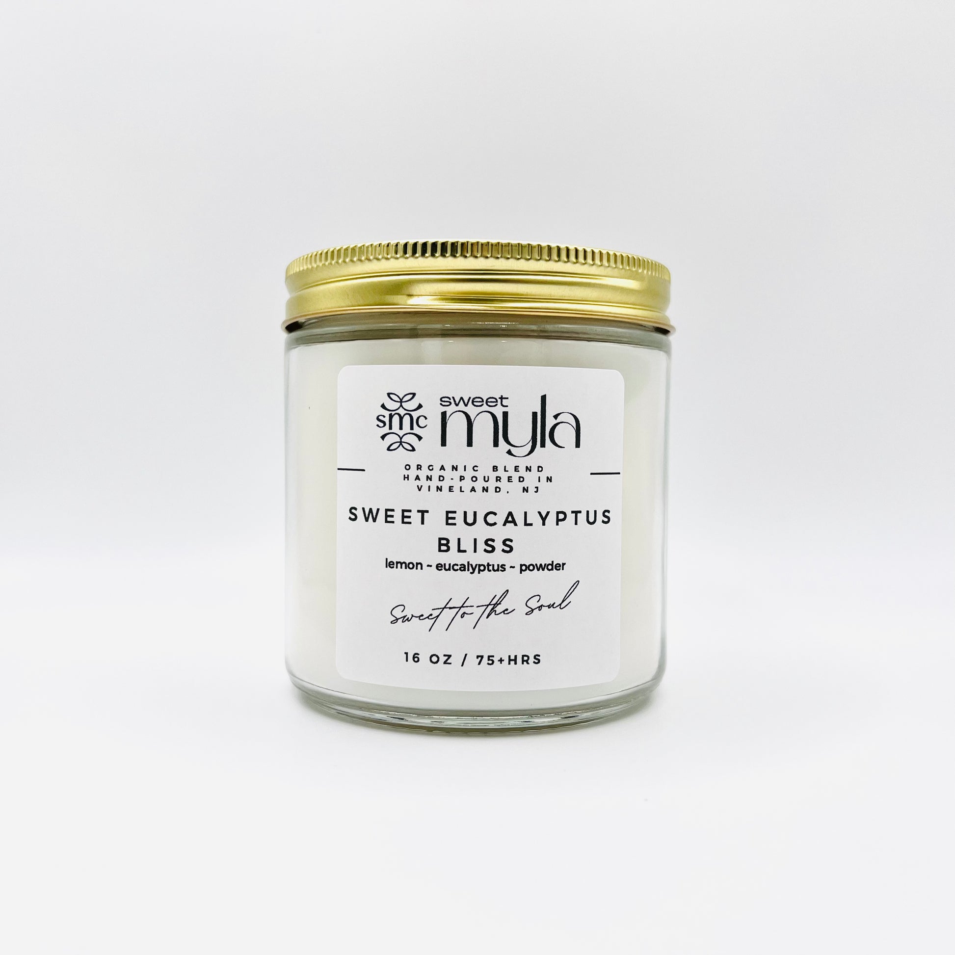 Sweet Eucalyptus Bliss candle with scents of lemon, eucalyptus & powder