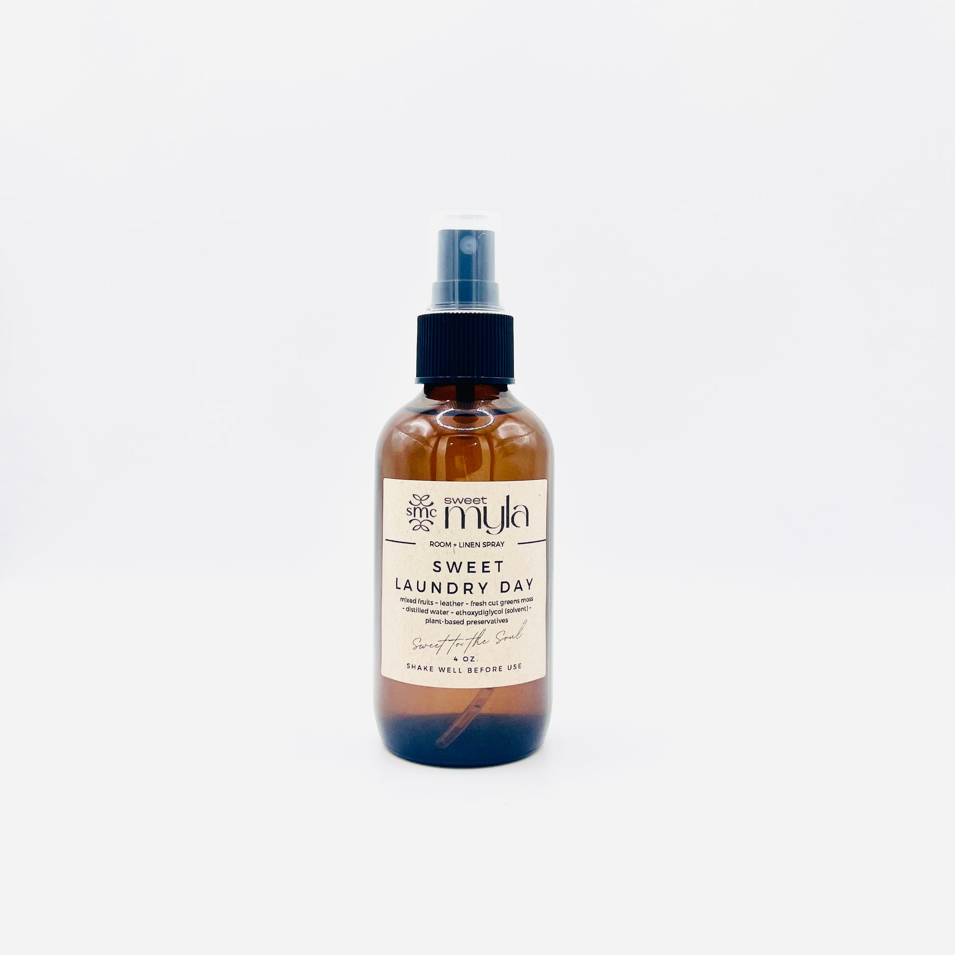 Sweet Laundry Day Room + Linen Spray with scents of Mixed Fruits, Leather, Fresh Cut Greens & Moss